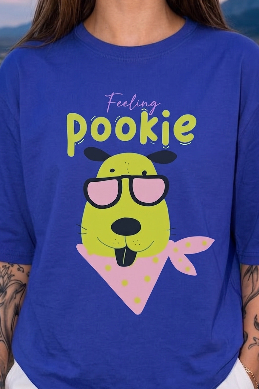 Feeling Pookie Royal Blue Oversized Graphic T-Shirt