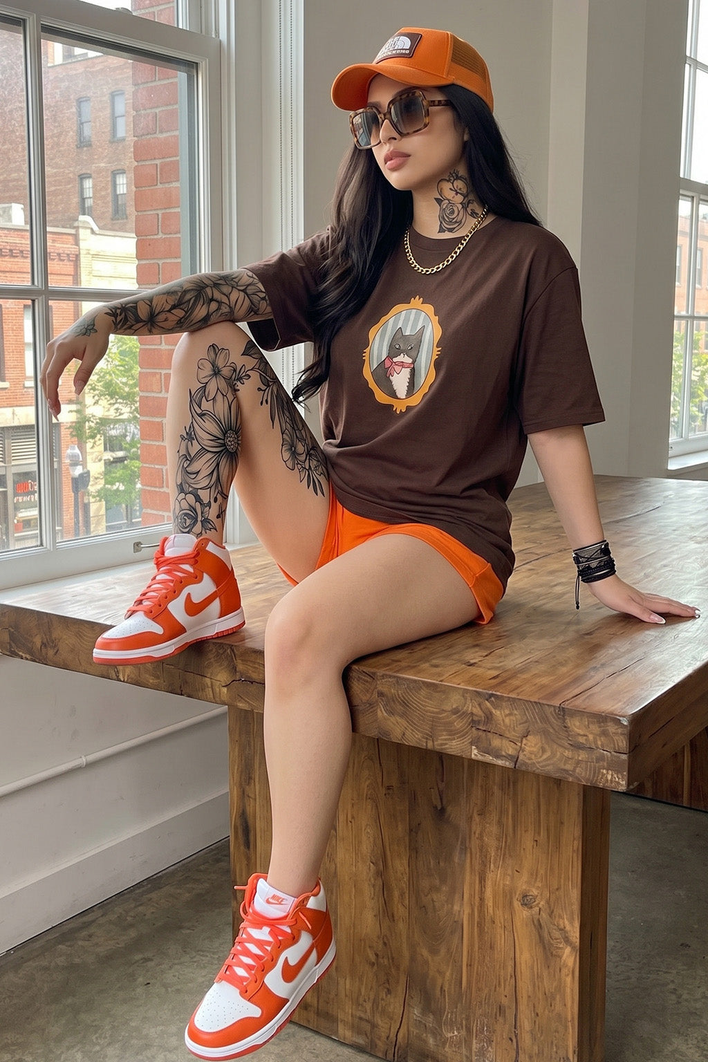 Kitten Brown Oversized Graphic Printed T-Shirt