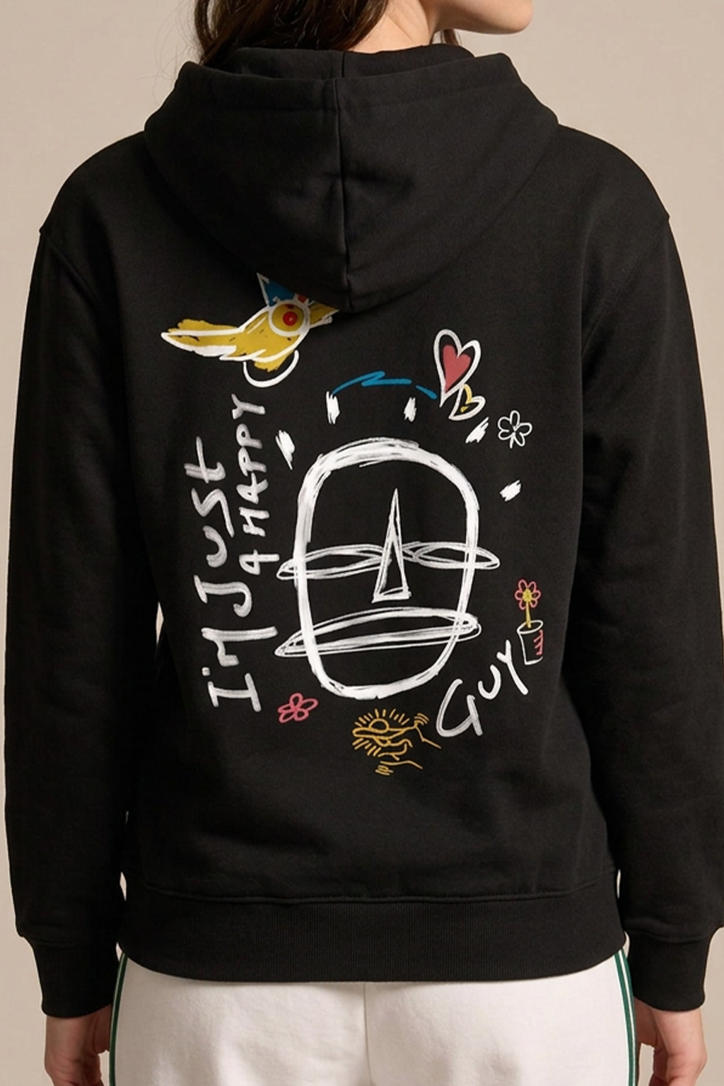 Happy Guy Black Regular Fit Back Printed Hoodie