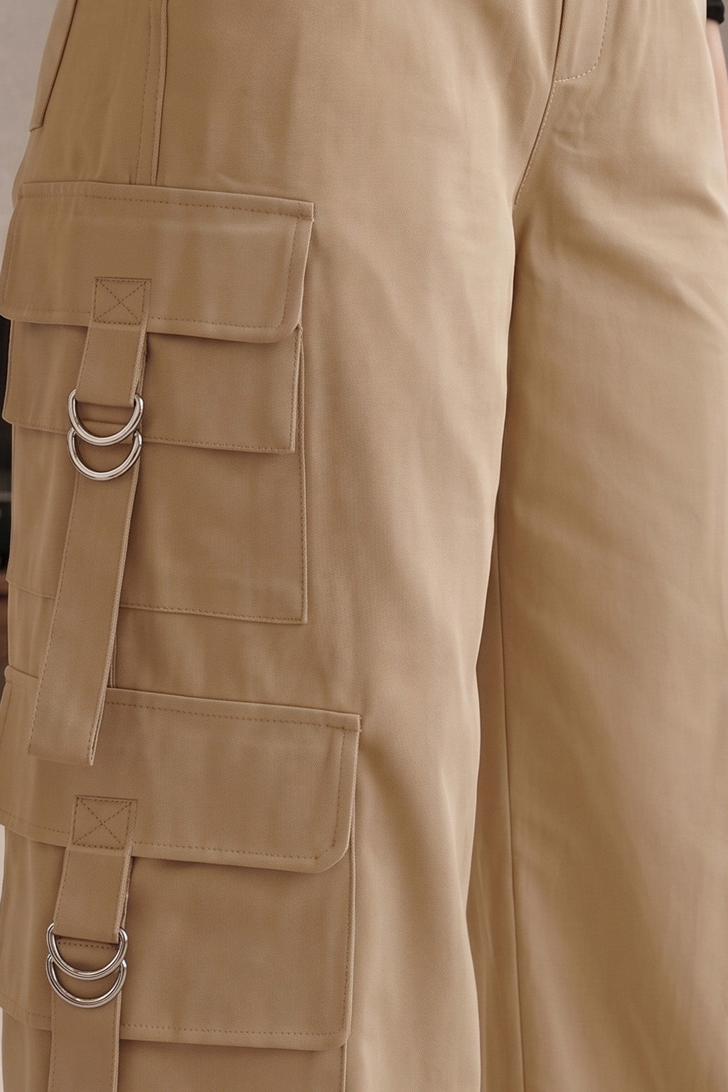 Beige 6-Pocket Drawcord Straight Fit Parachute Pant