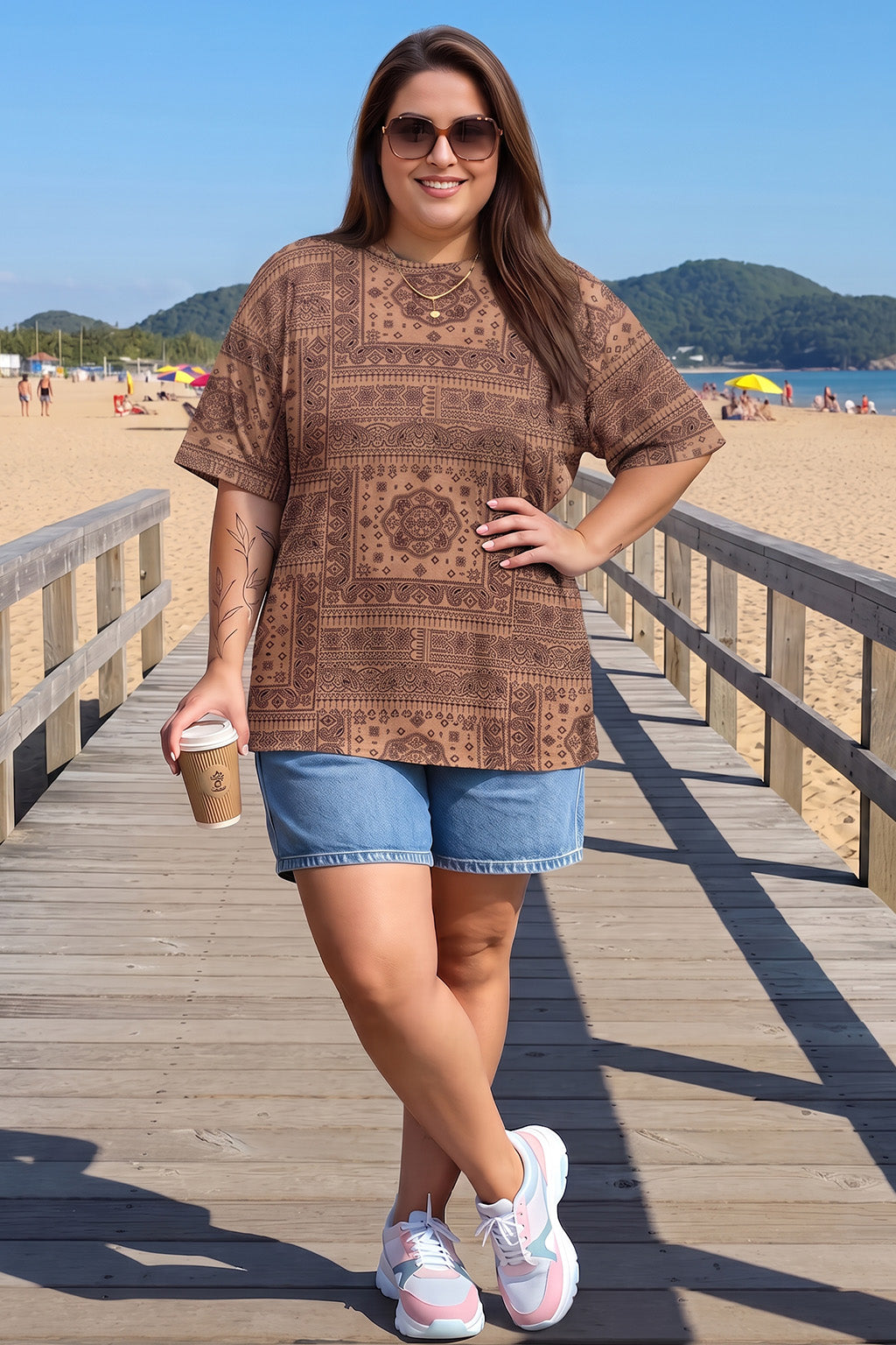 Paisley Beige Plus Size Oversized T-shirt