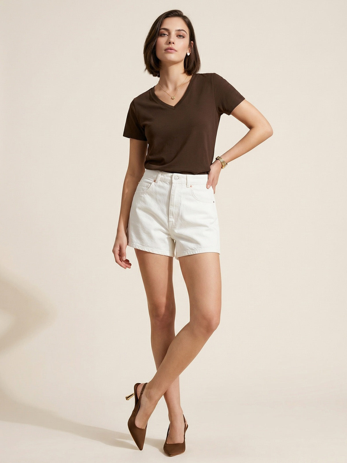 Brown Plain V-Neck Regular Fit T-Shirt