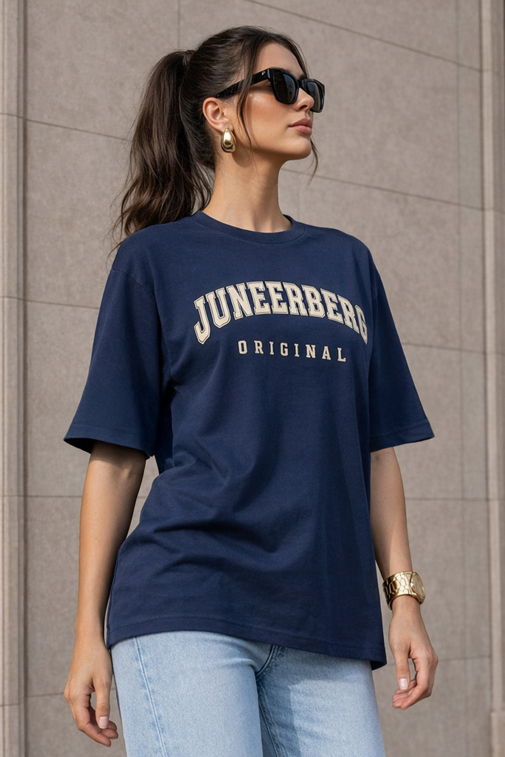 Juneberry Original Navy Oversized Fit Graphic T-Shirt