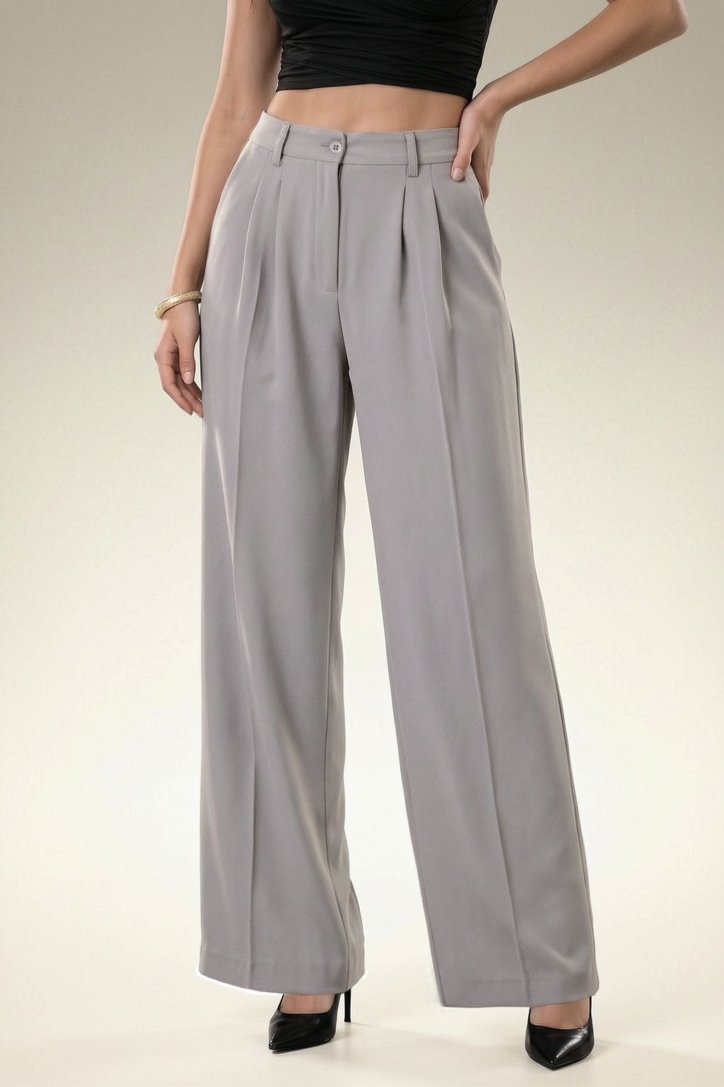 Grey High Rise Pleated Wide-Leg  Korean Pants
