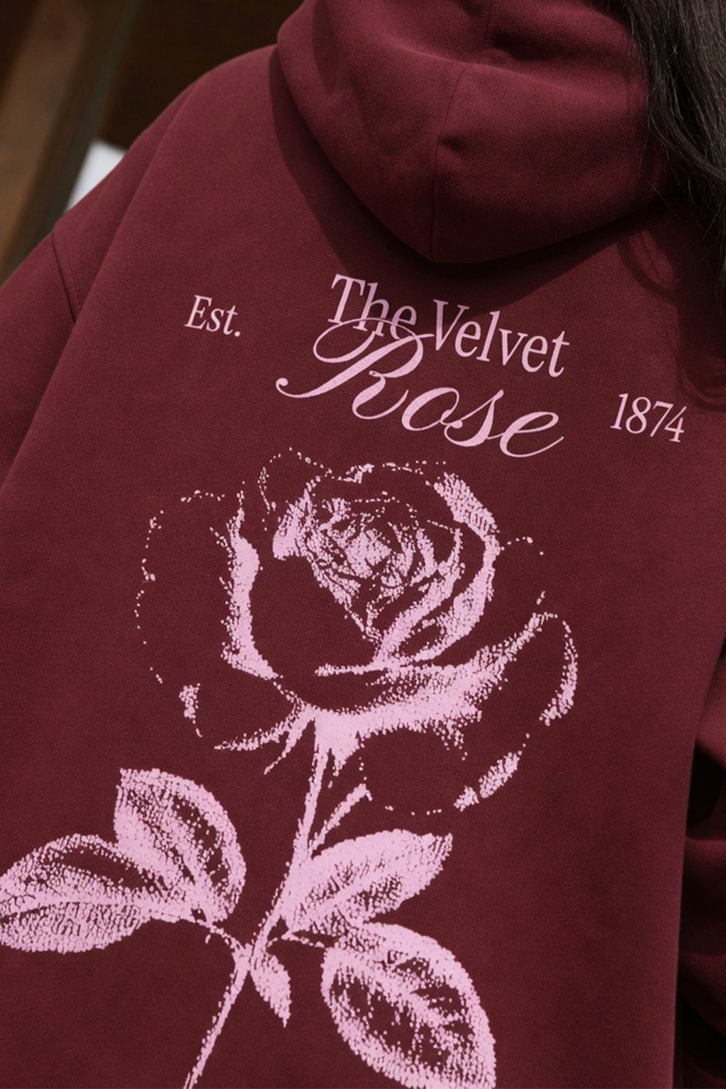 The Velvet Rose Maroon Oversized Printed Hoodie