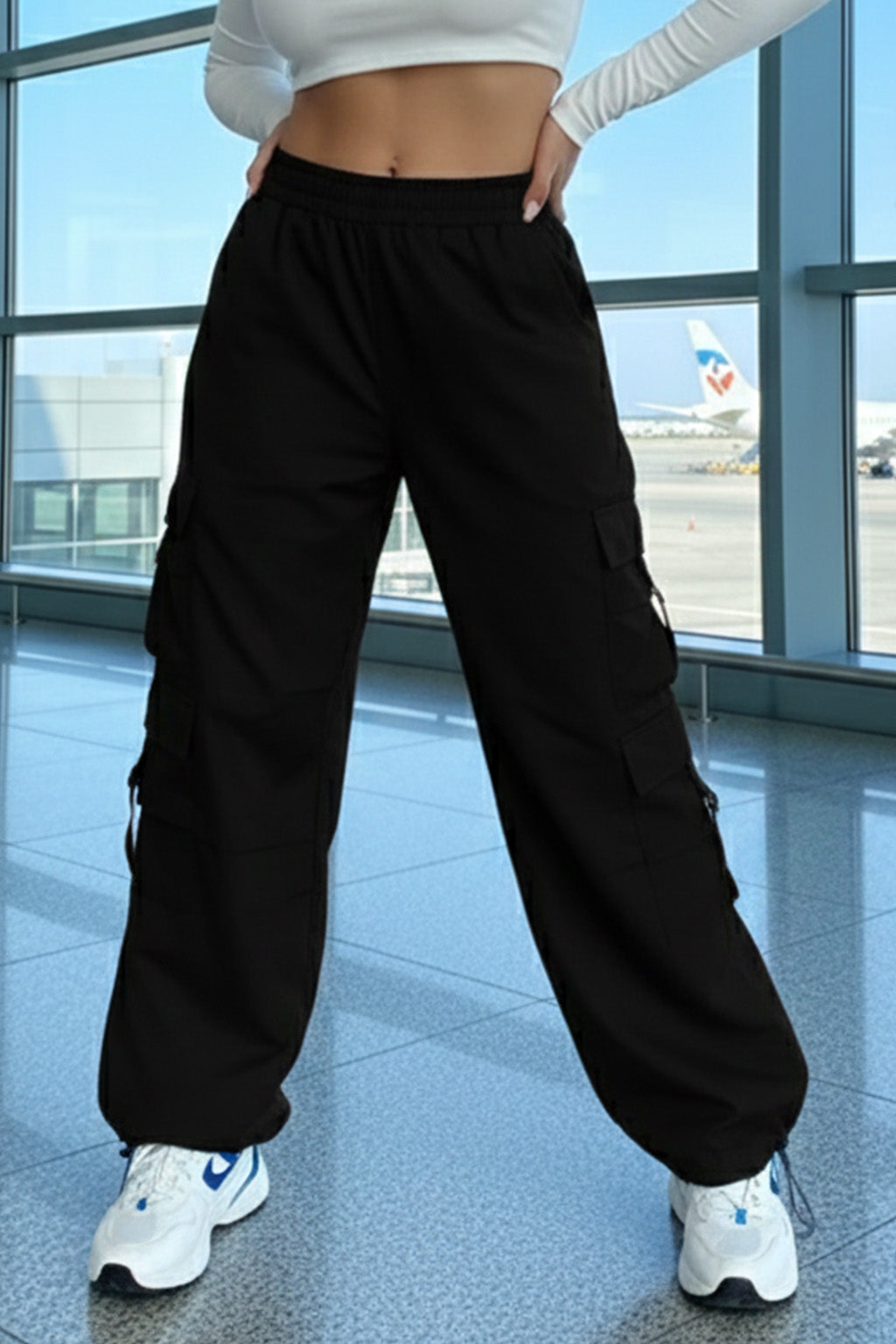 Black 6-Pocket Drawcord Straight Fit Parachute Pant