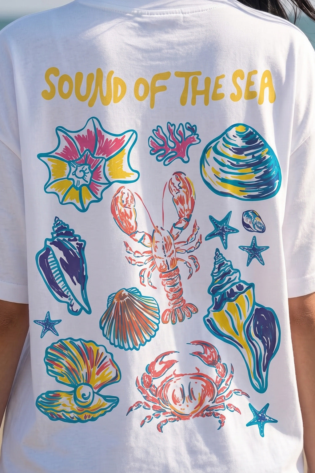 Sound Of Sea White Graphic Printed Oversized T-Shirt