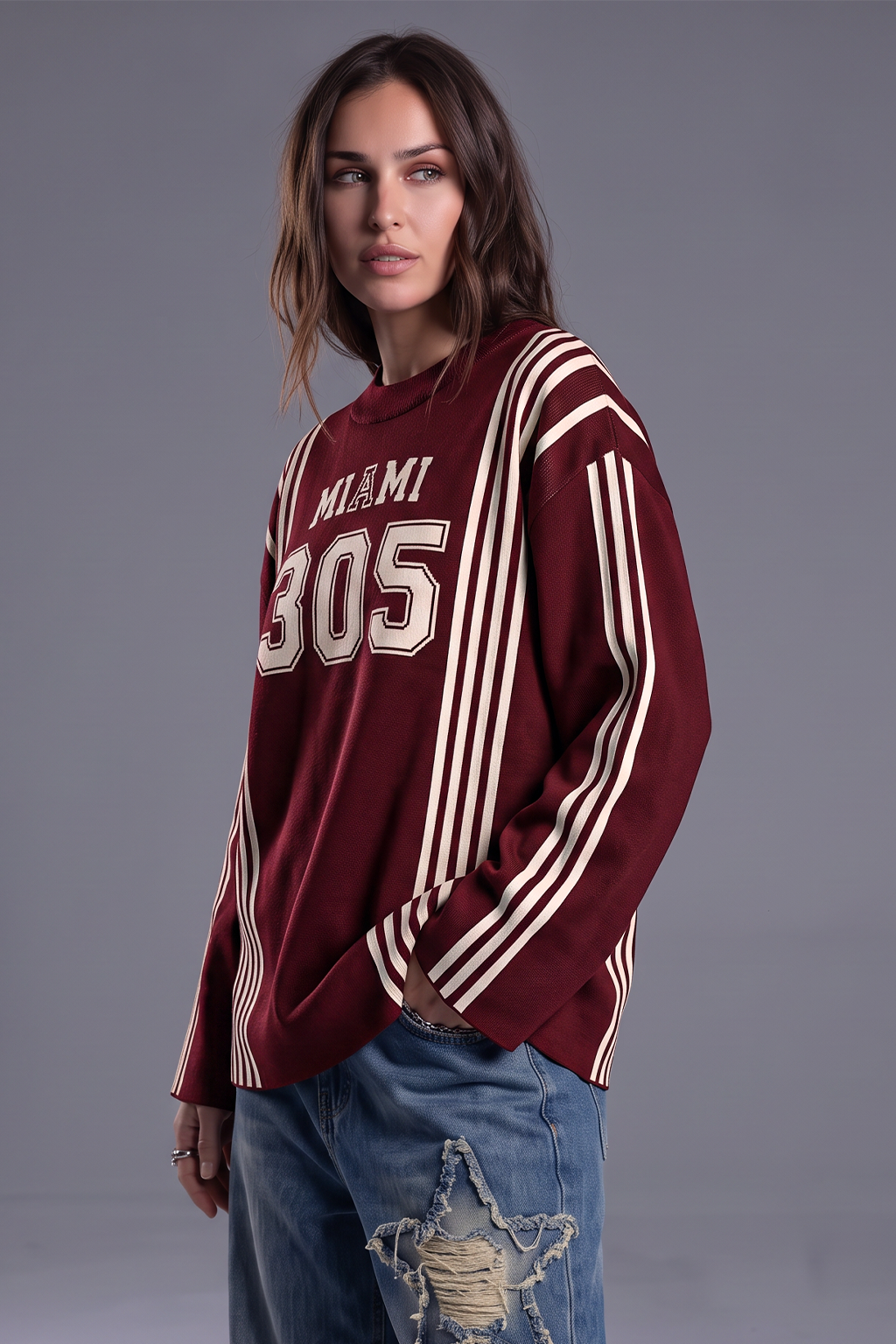 Miami Maroon Flatknit Striped Sweatshirt