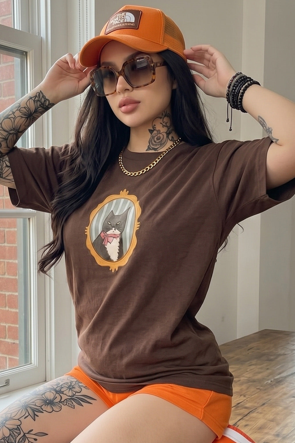 Kitten Brown Oversized Graphic Printed T-Shirt