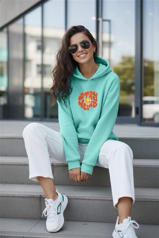 Stay Weird Graphic Printed Green Oversized Hoodie