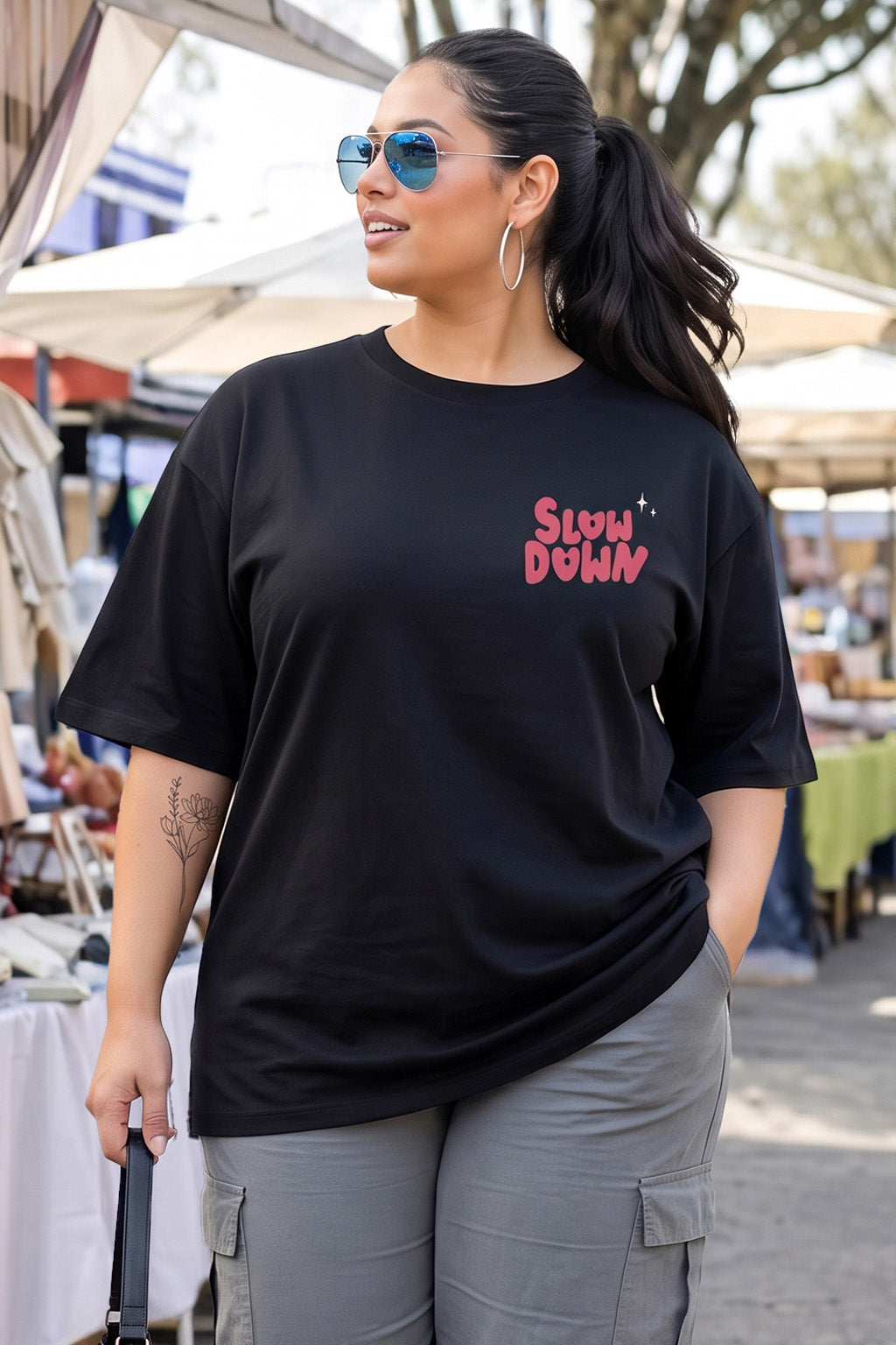 Slow Down Black Plus Size Printed T-shirt