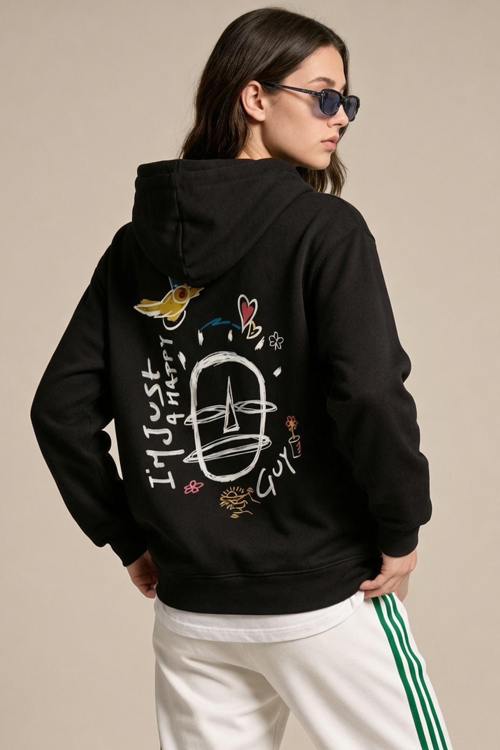 Happy Guy Black Regular Fit Back Printed Hoodie