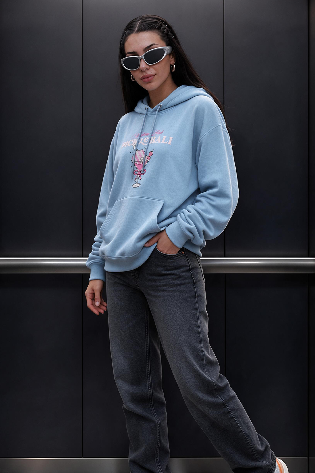 Pickerball Blue Oversized Printed Hoodie