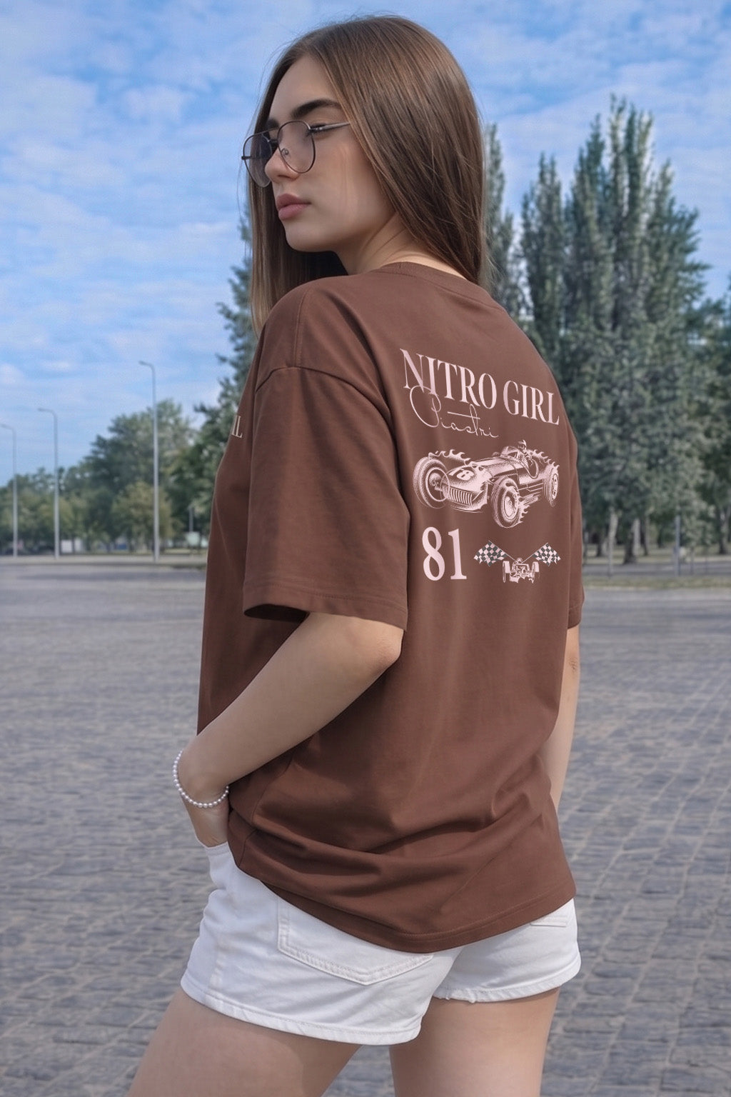 Nitro Girl Brown Oversized Printed T-Shirt