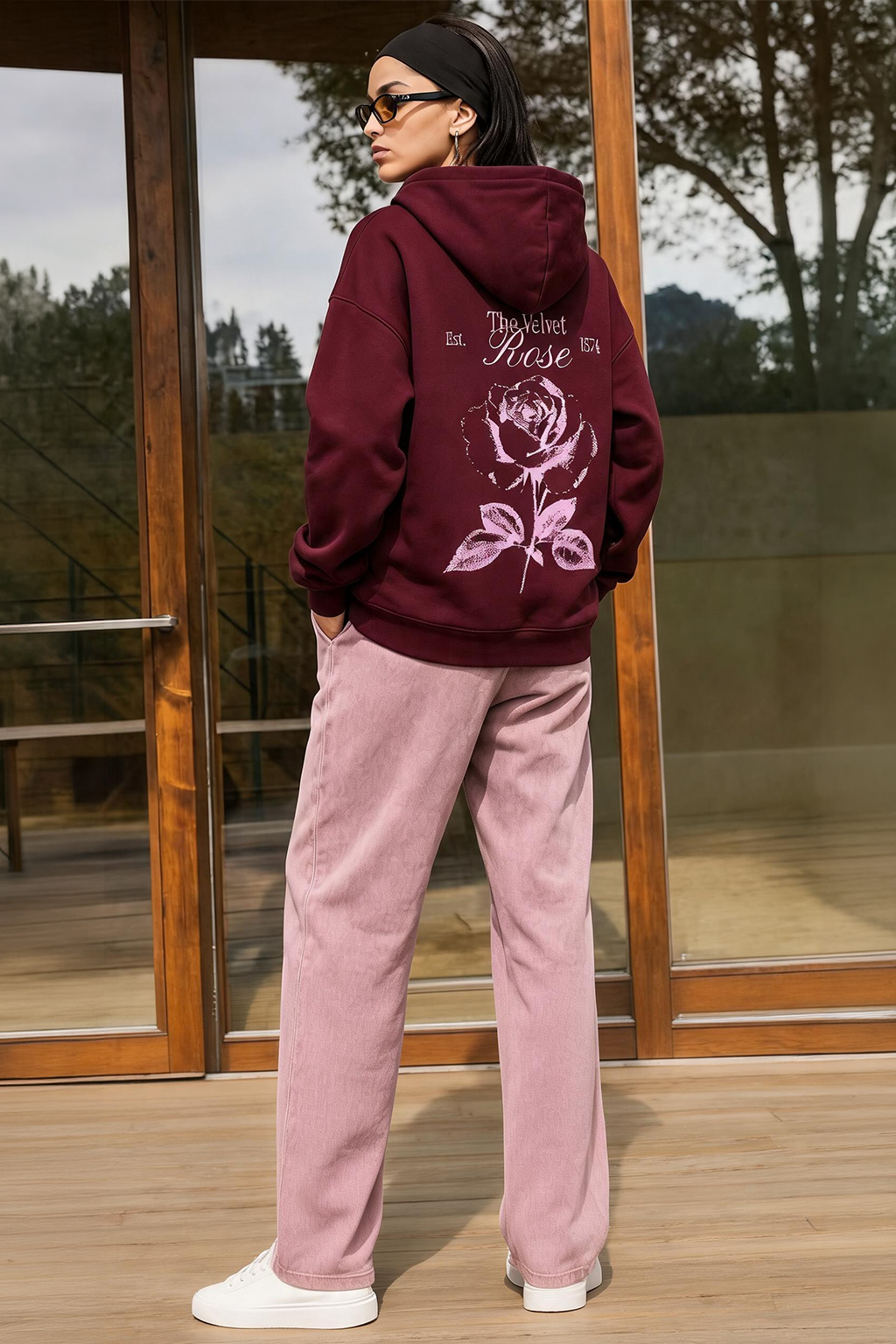The Velvet Rose Maroon Oversized Printed Hoodie