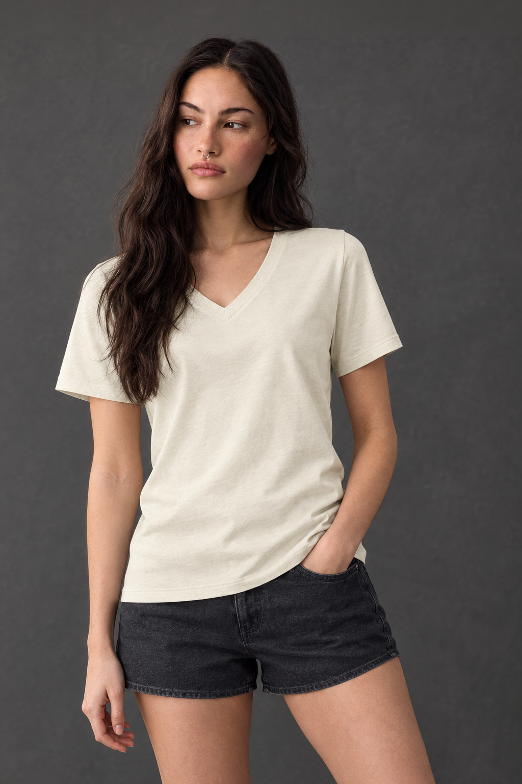 Off White Plain V-Neck Regular Fit T-Shirt