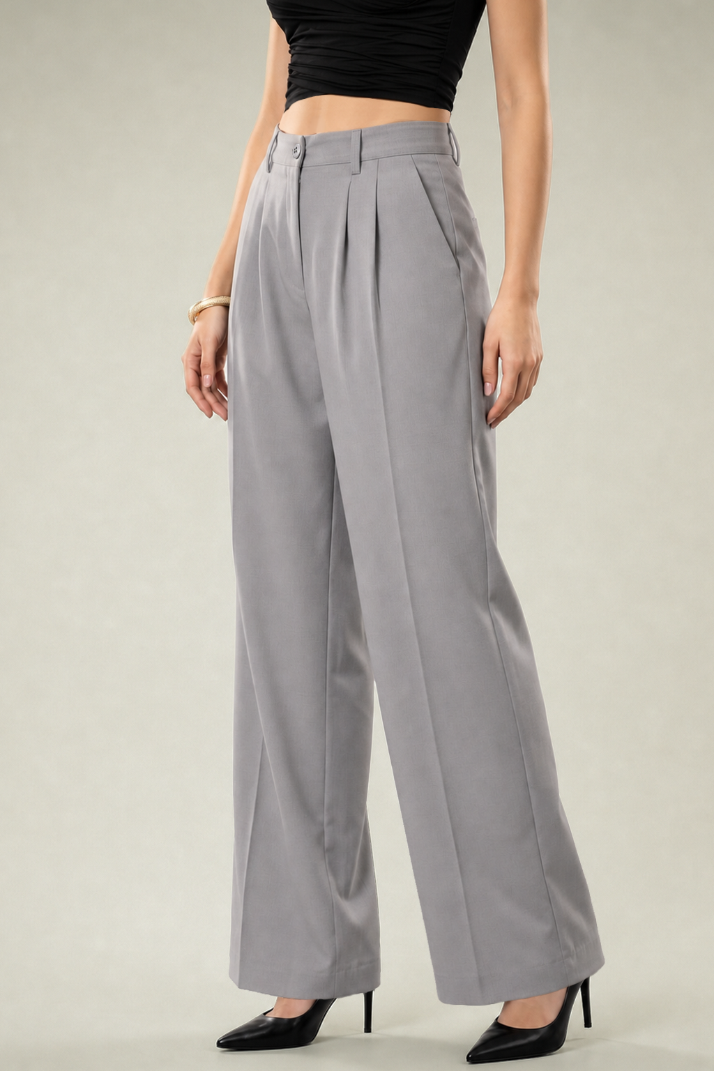 Grey High Rise Pleated Wide-Leg  Korean Pants
