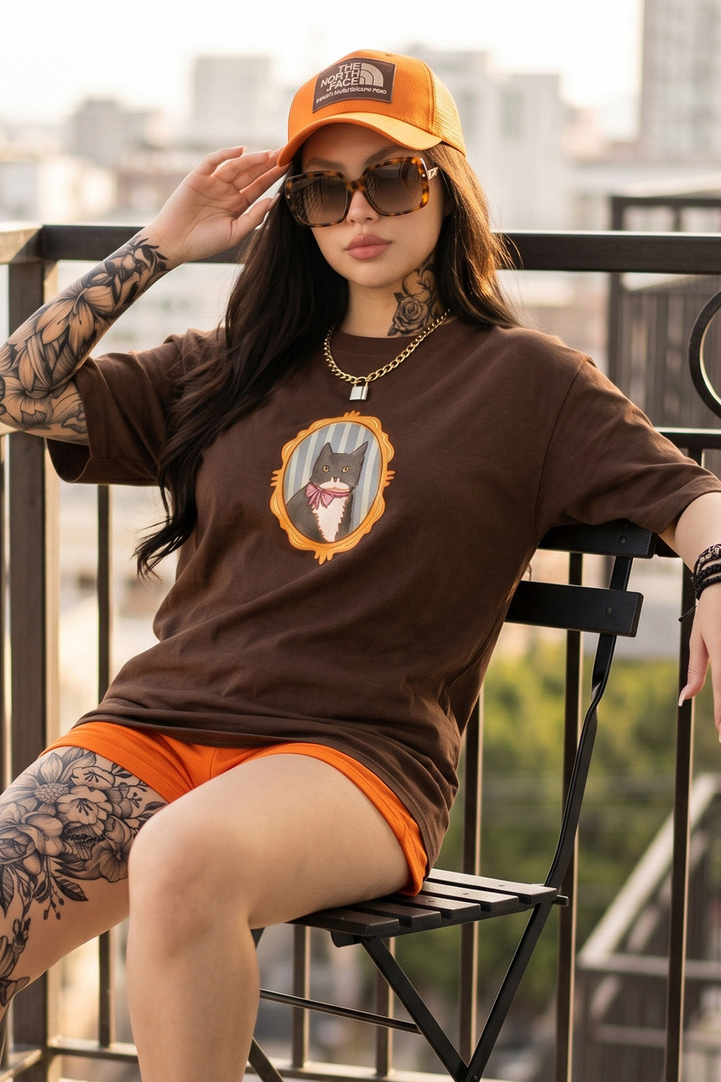 Kitten Brown Oversized Graphic Printed T-Shirt