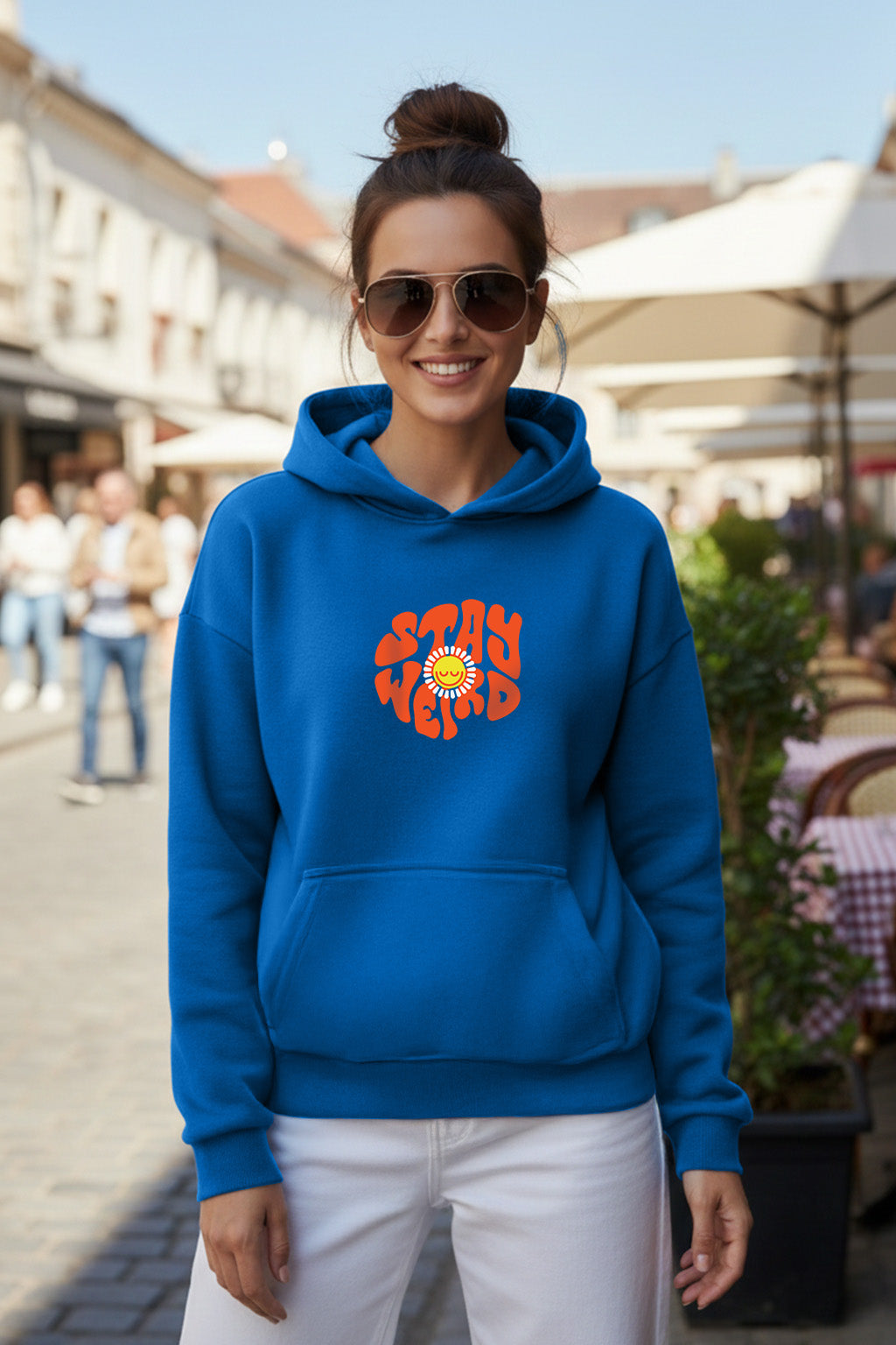 Stay Weird Blue Printed Oversized Hoodie