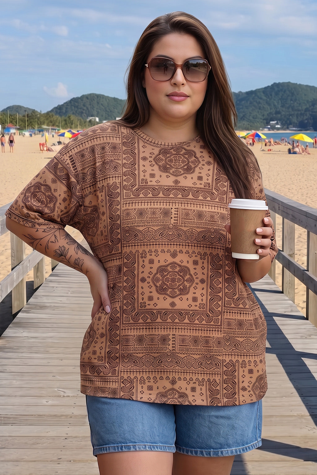 Paisley Beige Plus Size Oversized T-shirt