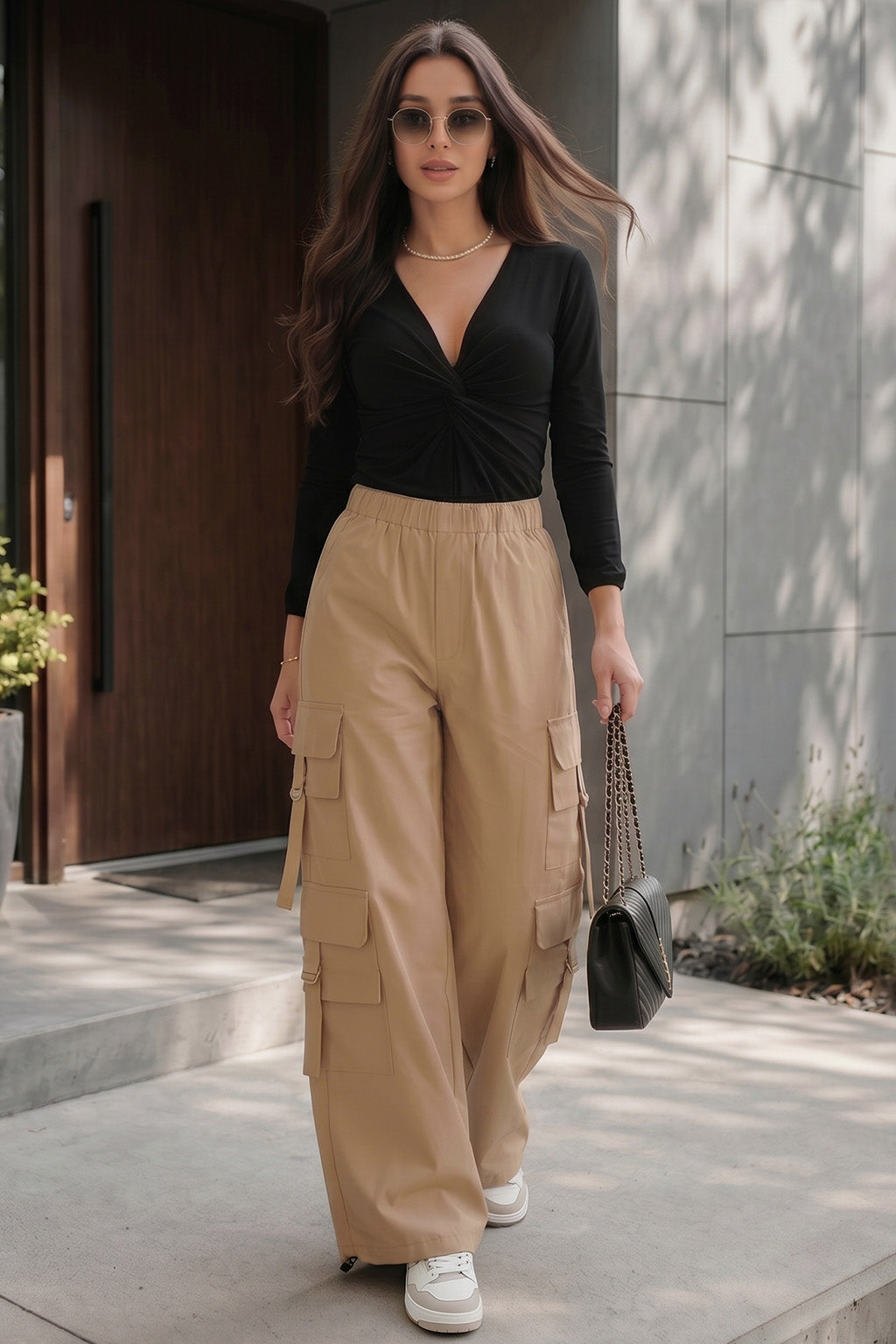 Beige 6-Pocket Drawcord Straight Fit Parachute Pant