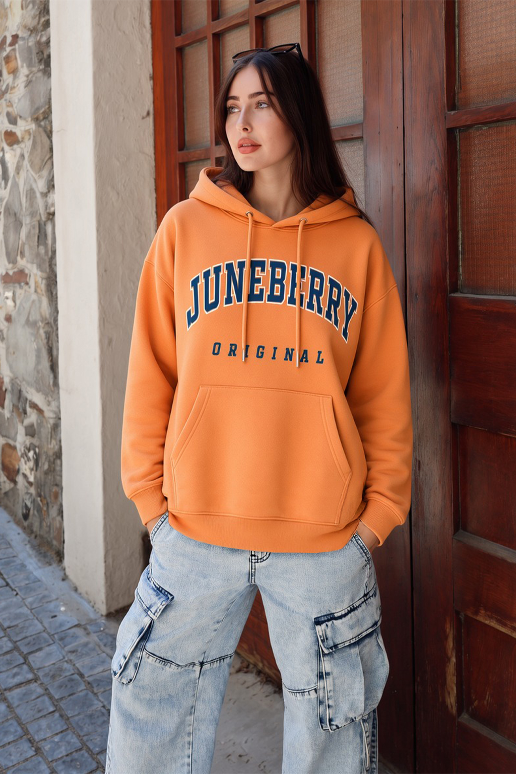Juneberry Original Orange Graphic Printed Oversized Hoodie