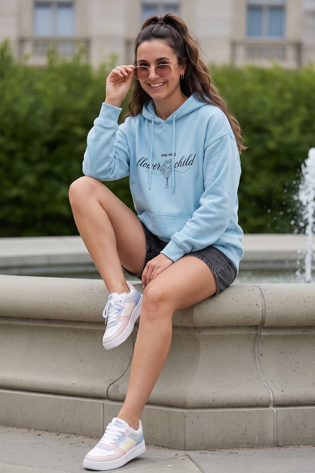 Flower Child Blue Oversized Printed Hoodie