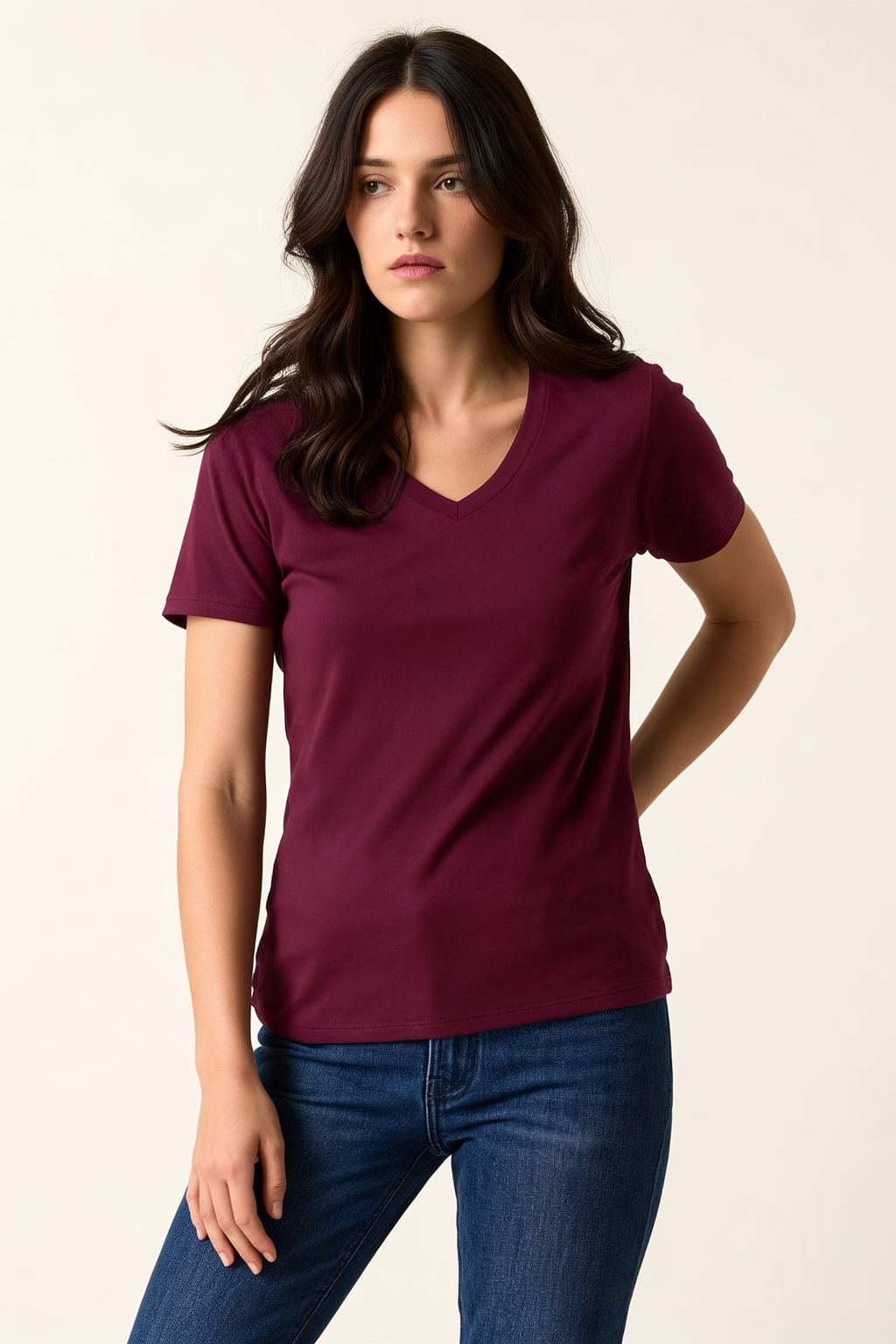Wine Plain V-Neck Regular Fit T-Shirt