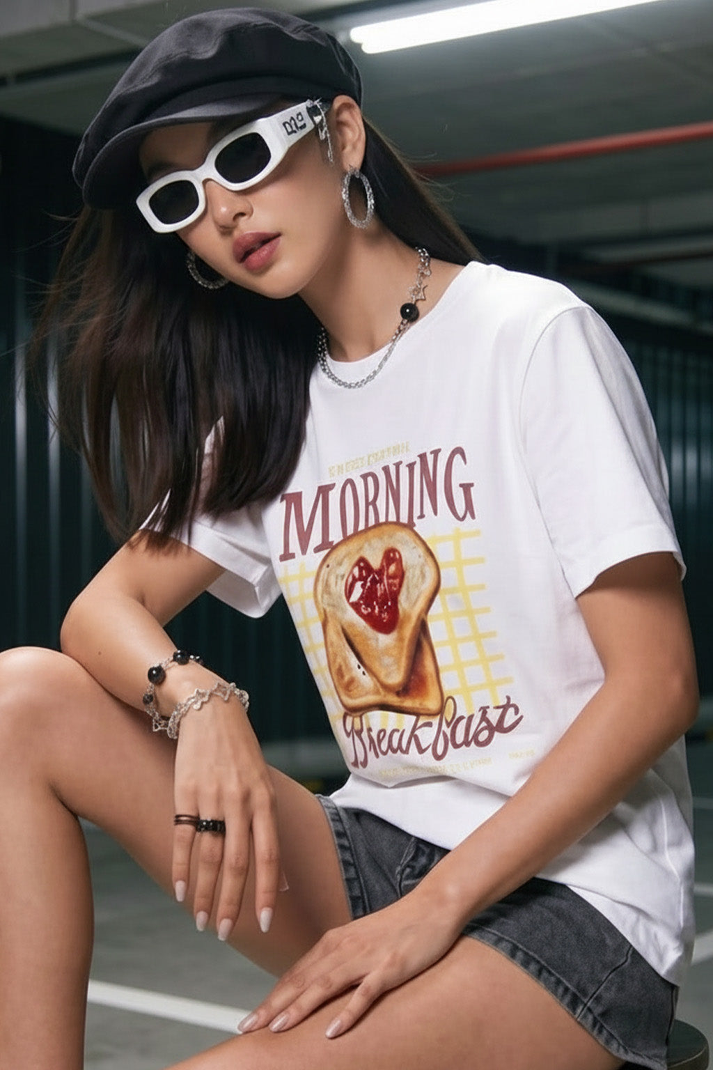 Breakfast White Printed Regular Fit T-Shirt