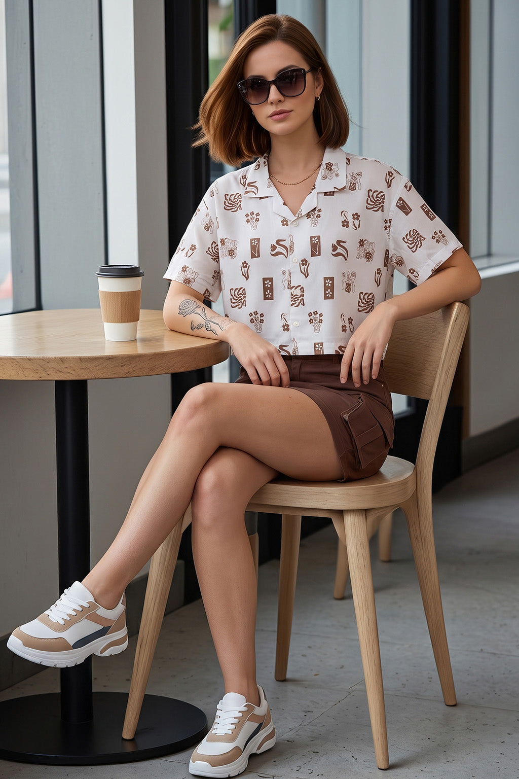 AOP Swanwhite Brown Oversized Crop Shirt
