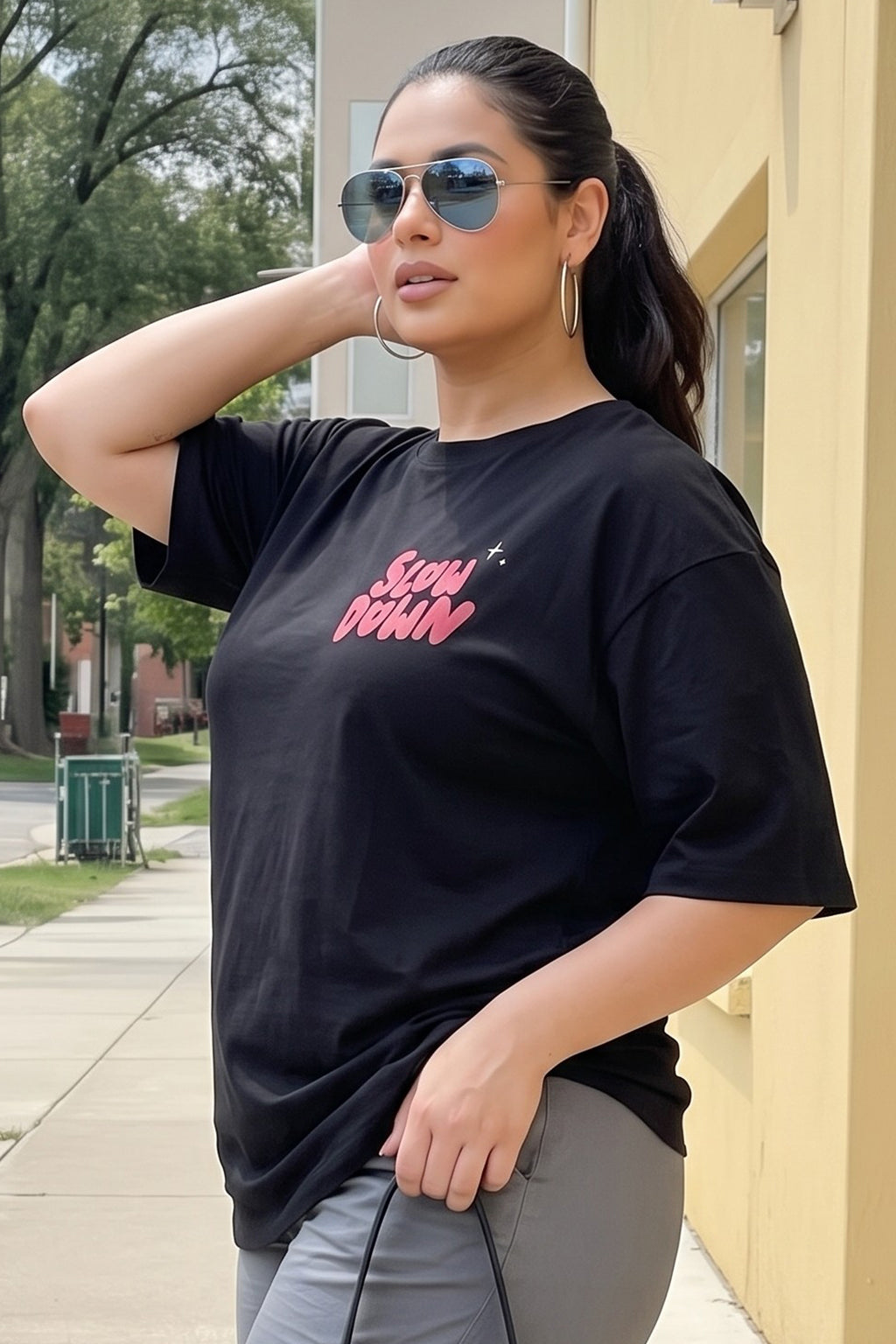 Slow Down Black Plus Size Printed T-shirt