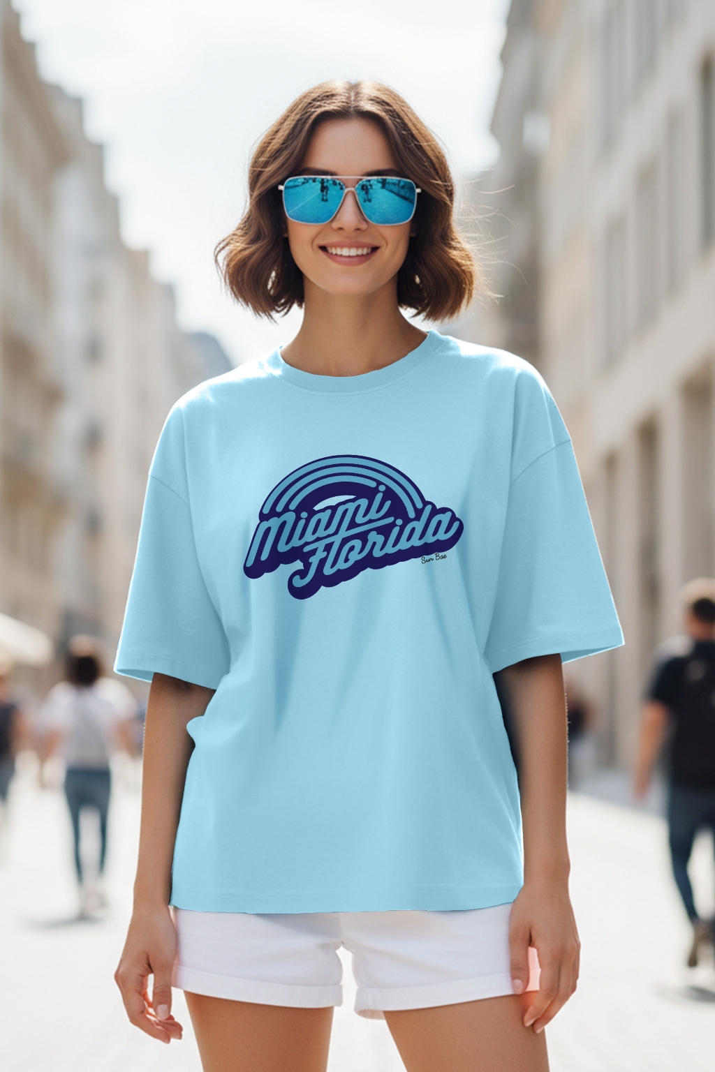 Miami Florida Typographic Printed Oversized Fit Blue T-Shirt