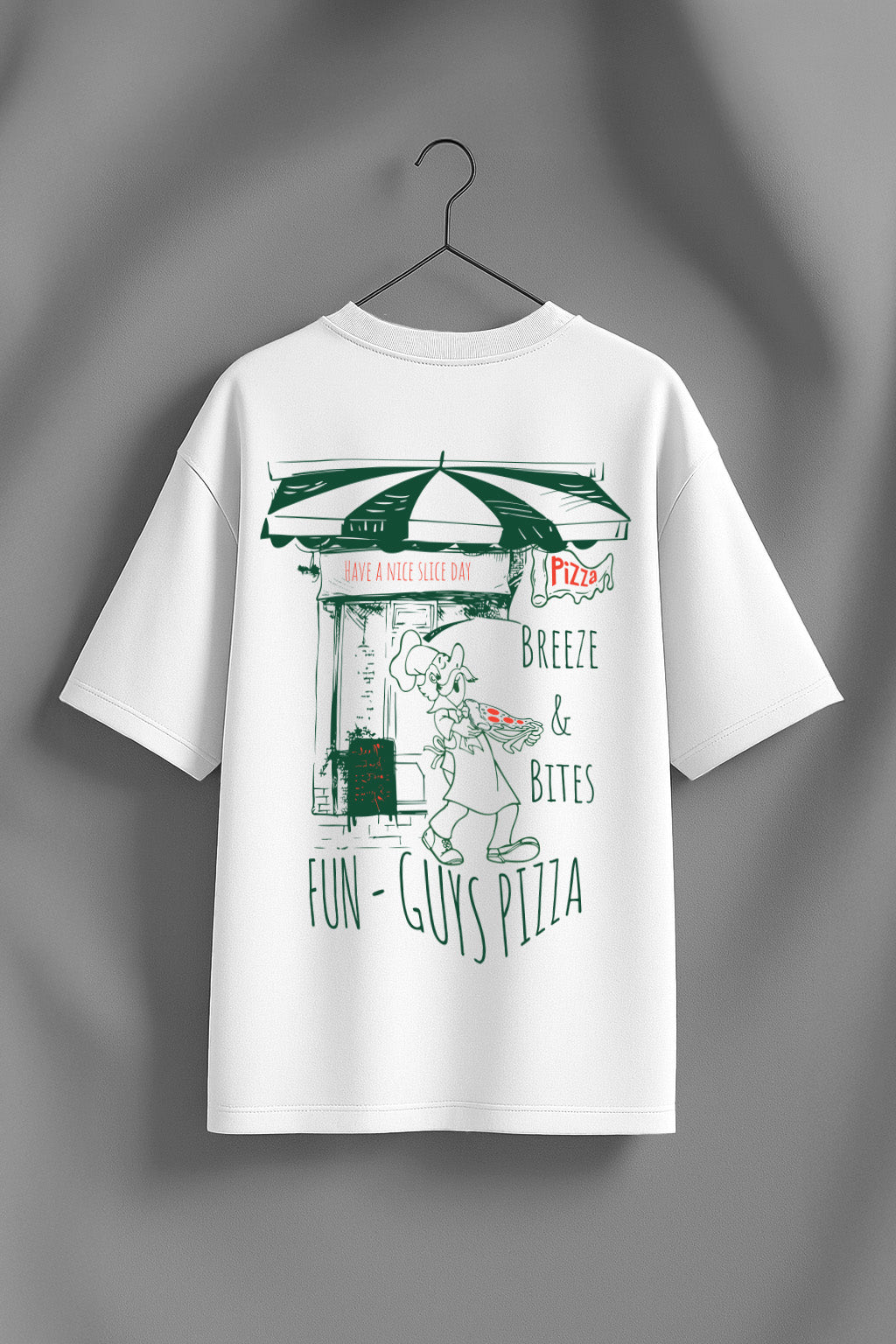 Fun Pizza White Oversized Printed T-Shirt
