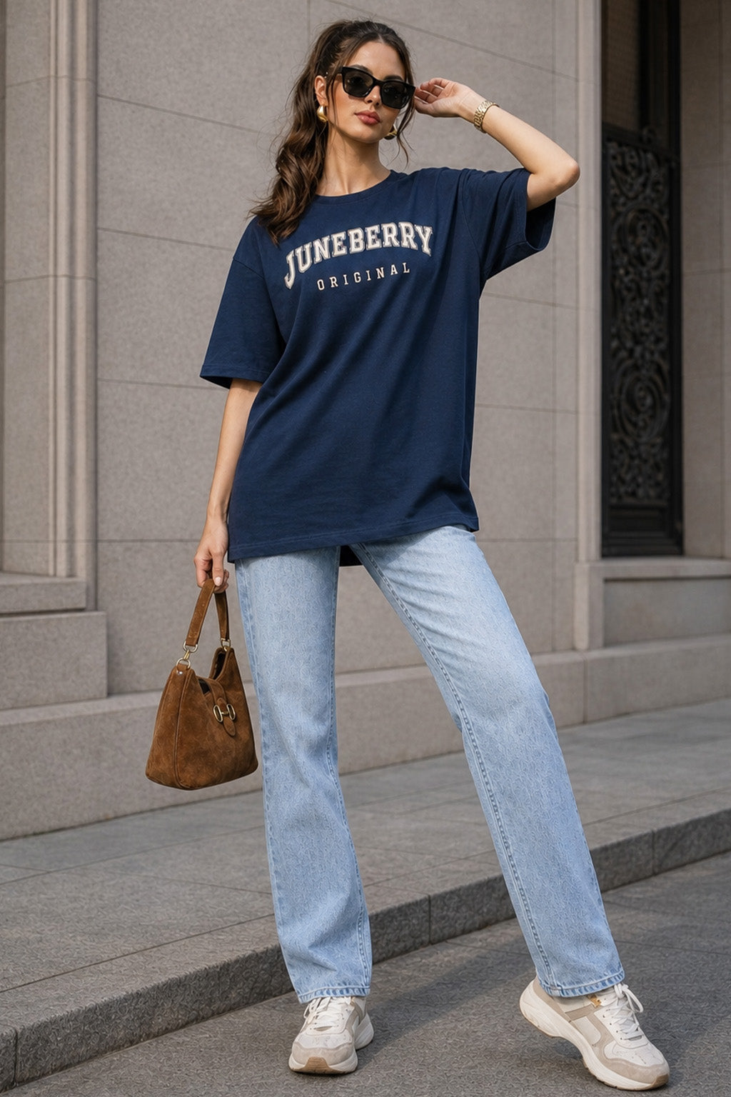 Juneberry Original Navy Oversized Fit Graphic T-Shirt
