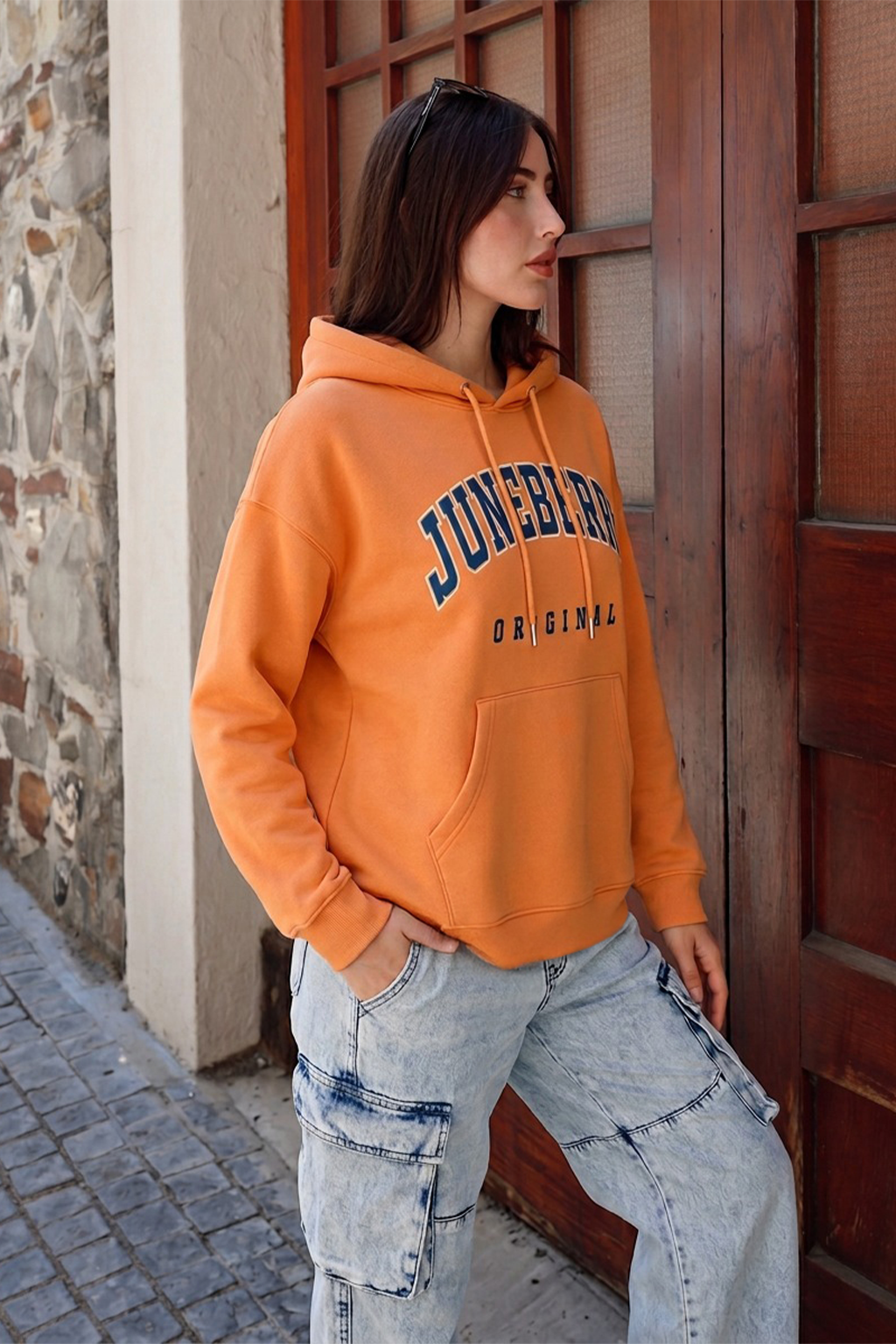 Juneberry Original Orange Graphic Printed Oversized Hoodie