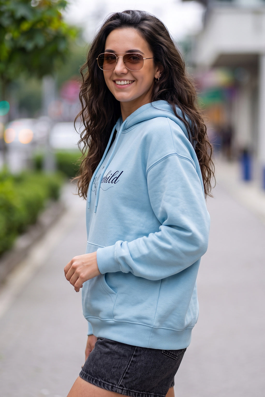 Flower Child Blue Oversized Printed Hoodie