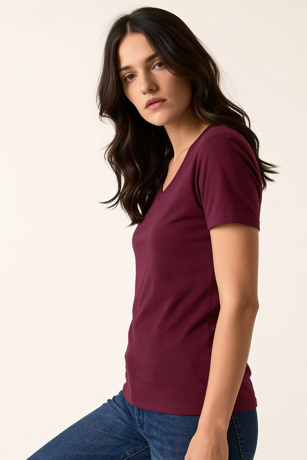 Wine Plain V-Neck Regular Fit T-Shirt