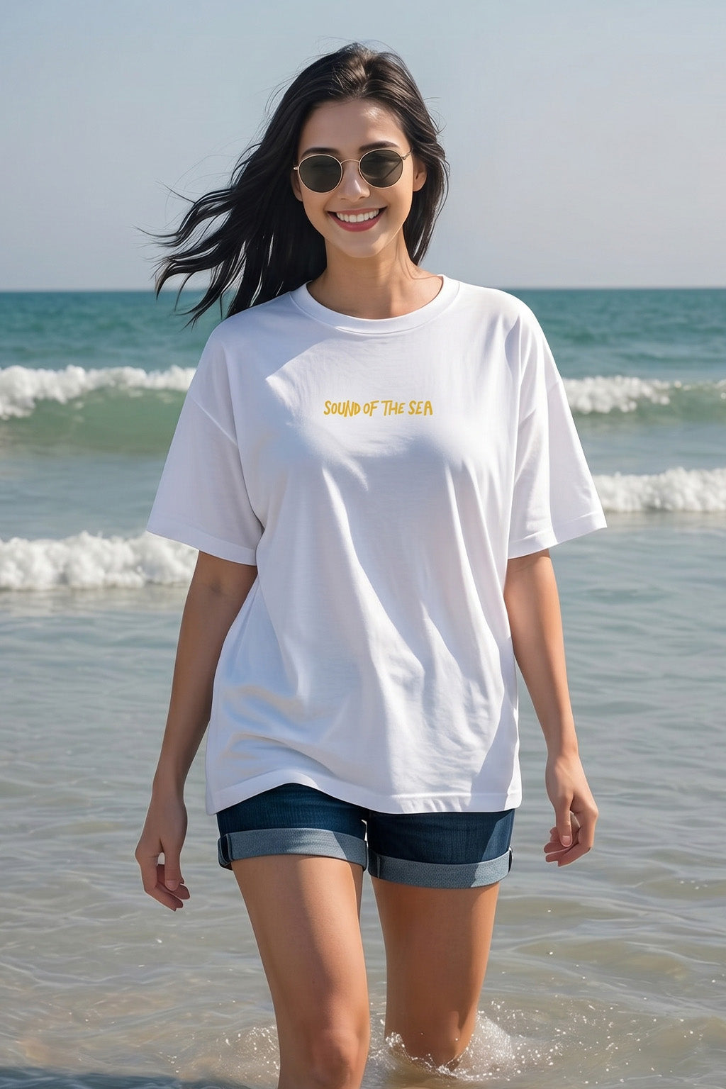 Sound Of Sea White Graphic Printed Oversized T-Shirt