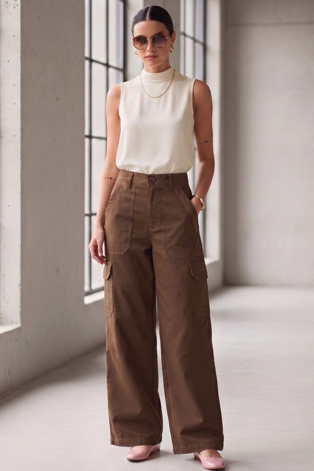 Brown Structured 5 Pocket Straight Fit Woven Cargo