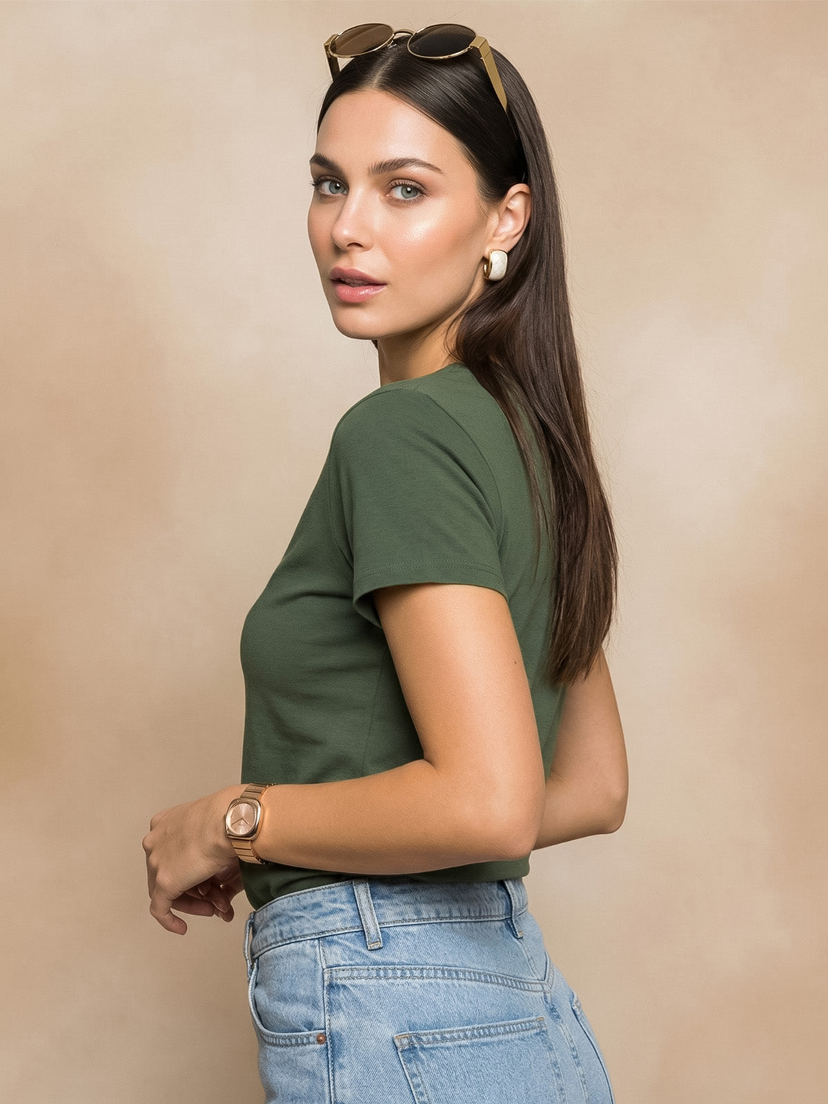 Olive Plain V-Neck Regular Fit T-Shirt