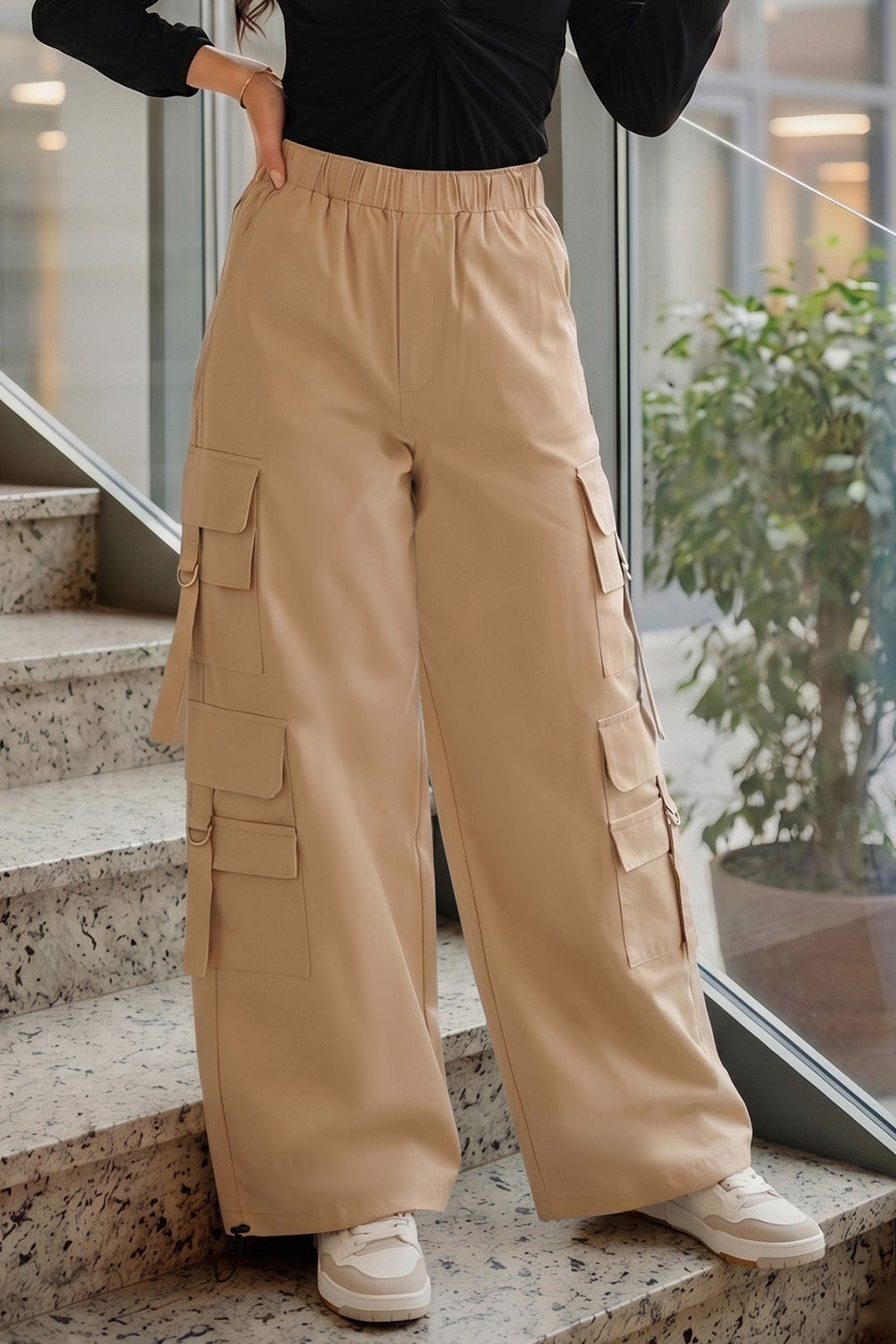 Beige 6-Pocket Drawcord Straight Fit Parachute Pant