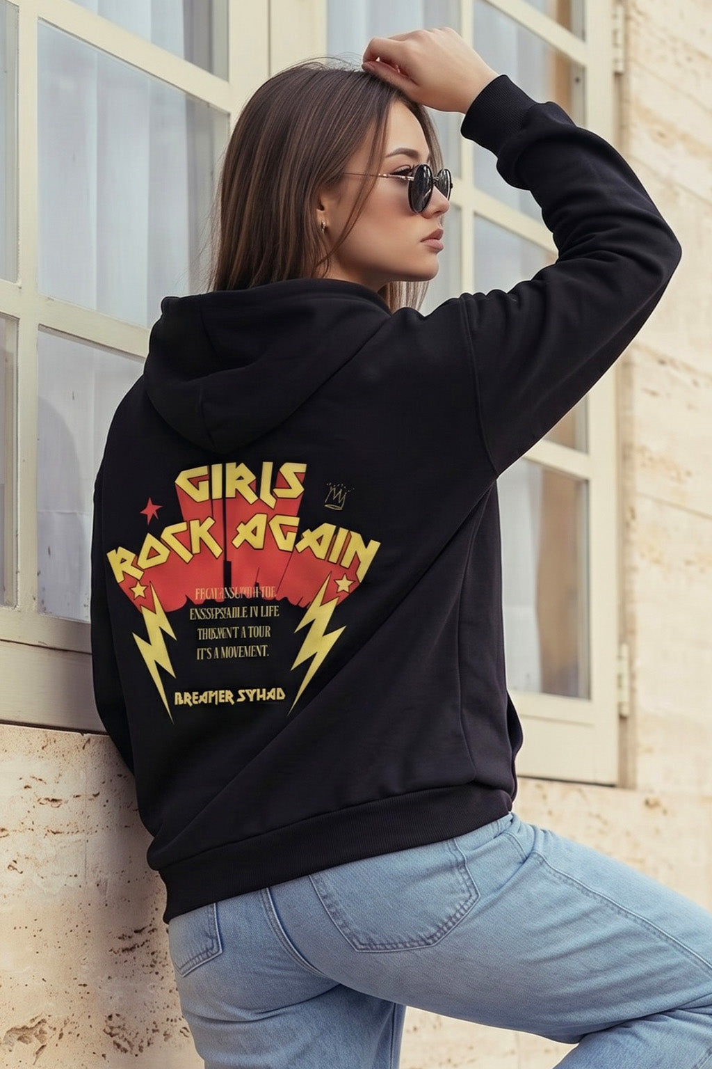 Girls Rock Black Maroon Oversized Printed Hoodie