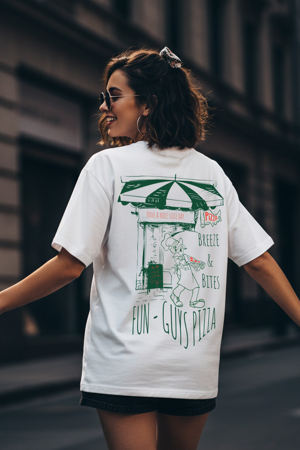 Fun Pizza White Oversized Printed T-Shirt
