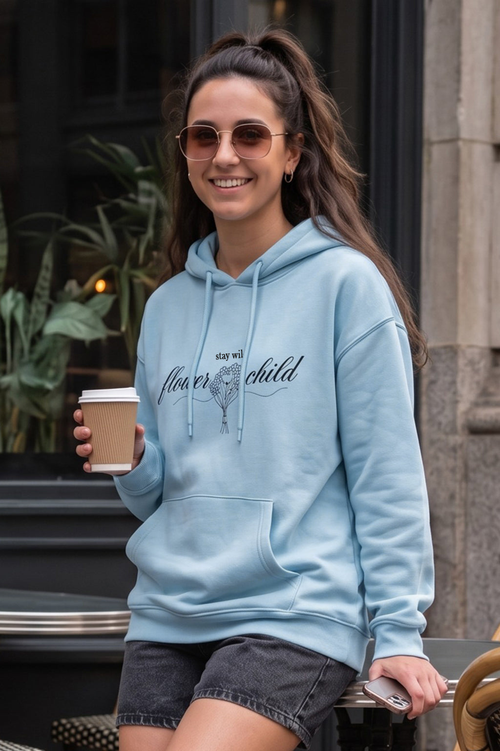 Flower Child Blue Oversized Printed Hoodie