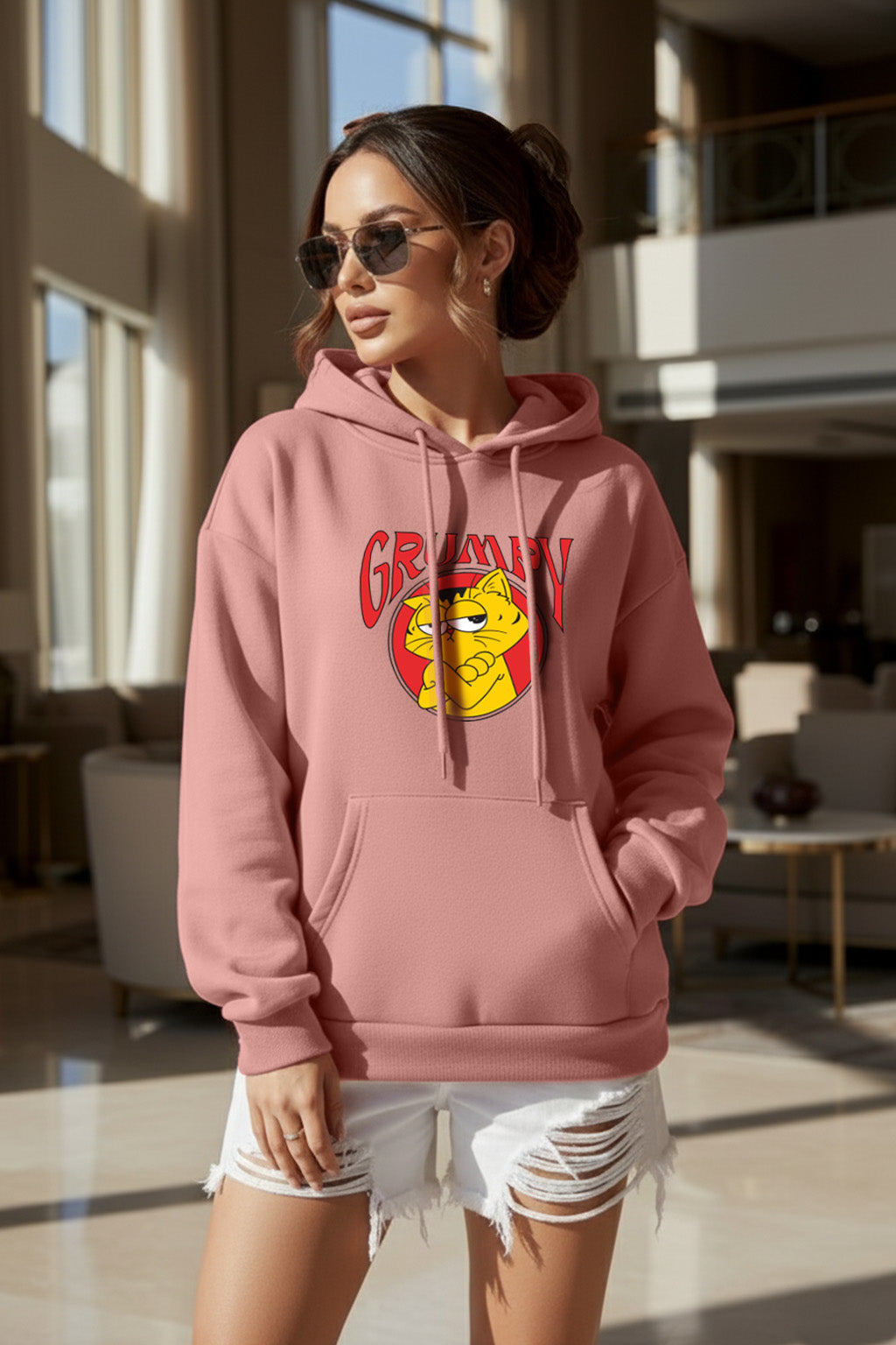 Grumpy Pink Oversized Printed Hoodie