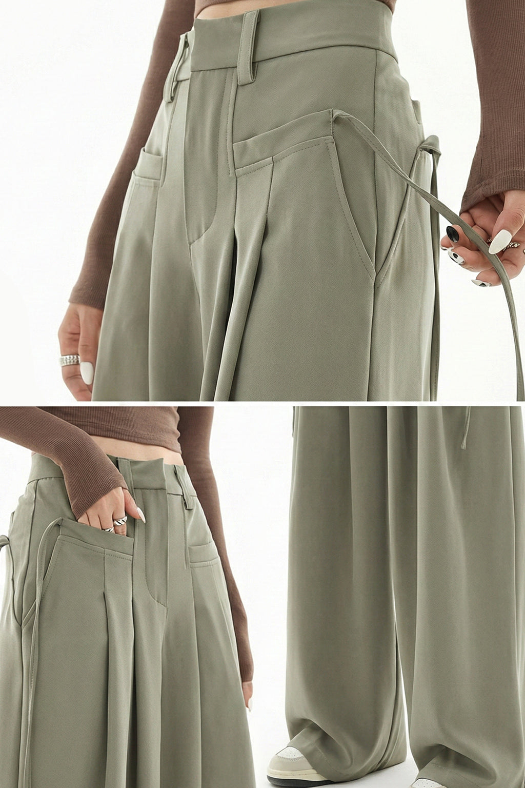 Moss Grey HIgh Waist Tailored Wide-Leg Korean Pant