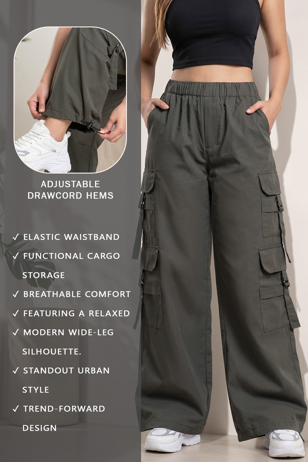 Grey 6-Pocket Drawcord Straight Fit Parachute Pant