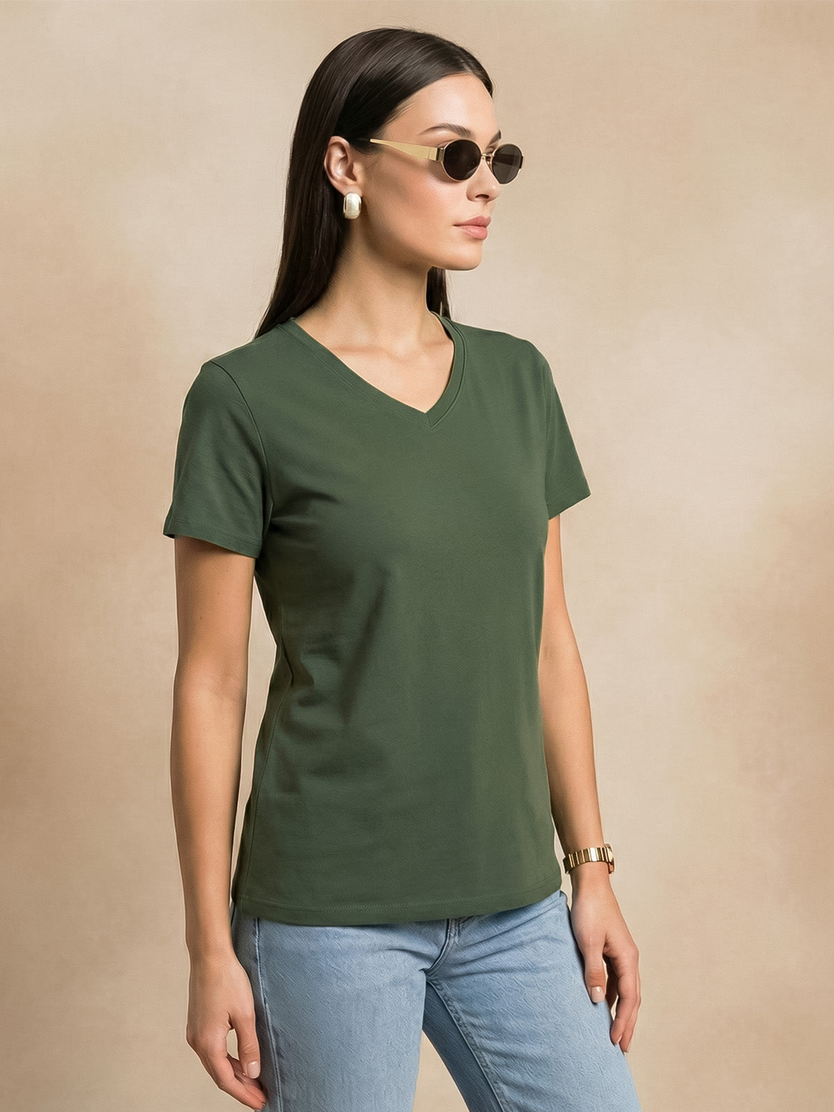 Olive Plain V-Neck Regular Fit T-Shirt