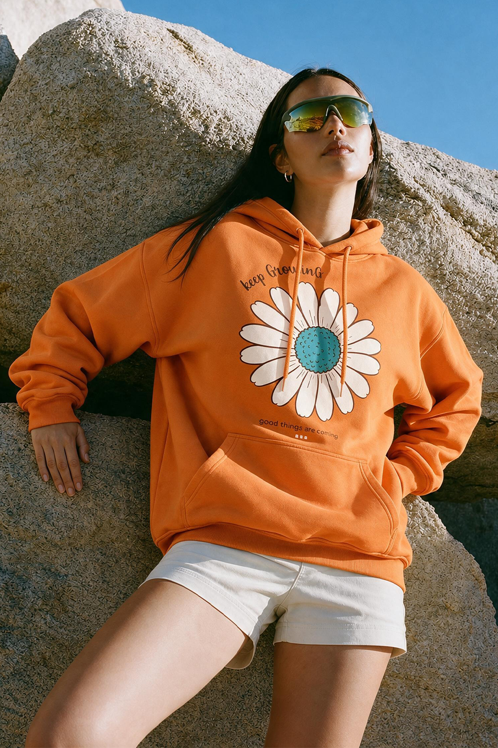 Keep Growing Graphic Printed Orange Oversized Hoodie