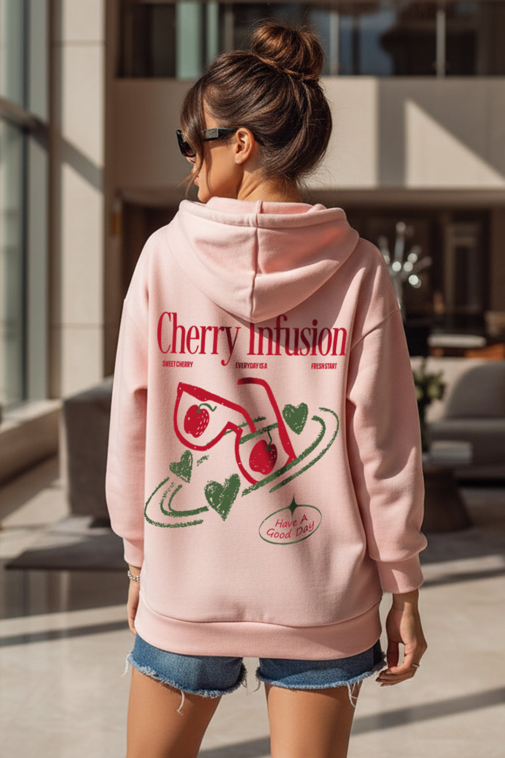 Cherry Infusion Pink Oversized Printed Hoodie